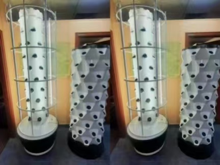 12P and 8P hydroponic tower growing systems used for lettuce strawberry basil and cherry tomato production in an Italian greenhouse