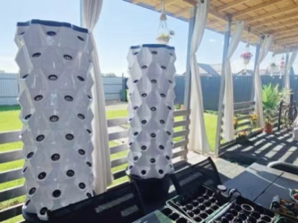 8P10 Pineapple Hydroponic Tower growing leafy greens and herbs in a backyard garden in Ireland