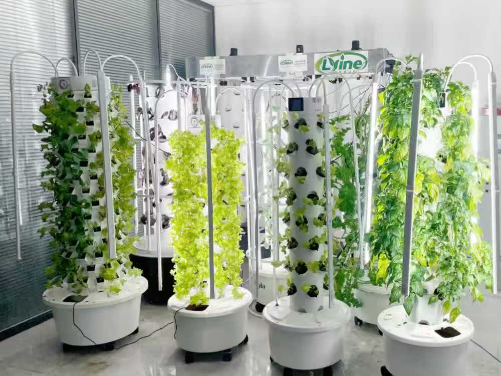 Three high-density hydroponic towers with LED grow lights tested for home growing in France